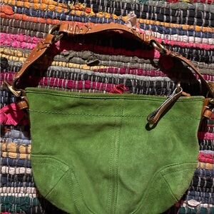Coach Green Suede Shoulder Bag with Brown Strap